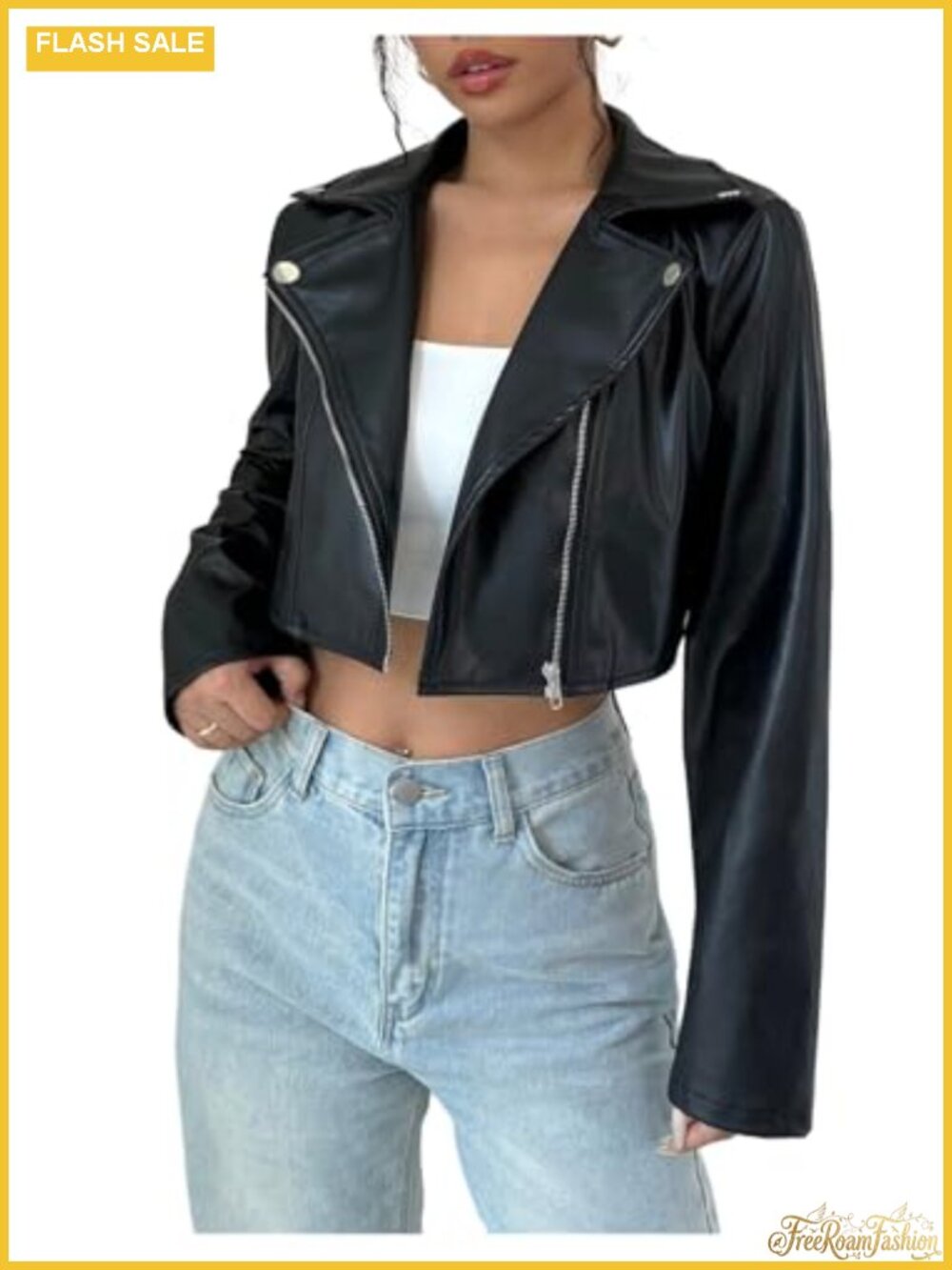 PU Leather Cropped Moto Jacket Long Sleeve Zip Up Rave Outfit